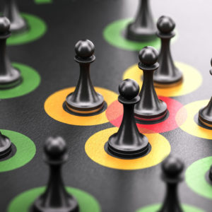 3d illustration of pawns over black background with red, orange and green circles representing social distancing, safe and infected people.
