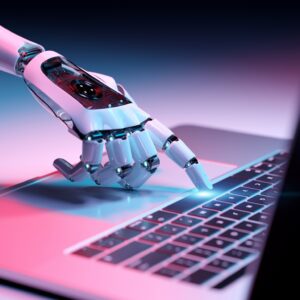 Robotic cyborg hand pressing a keyboard on a laptop 3D rendering