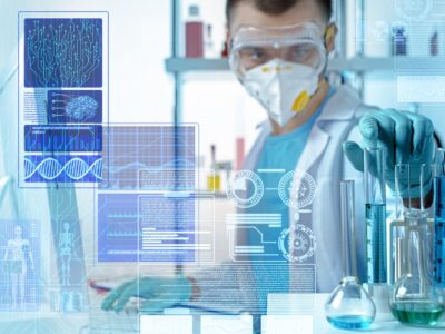 AdobeStock_594764091_laboratory assistant working with Futuristic Holographic Interface, showing medical Data in augmented reality from artificial intelligence AI.