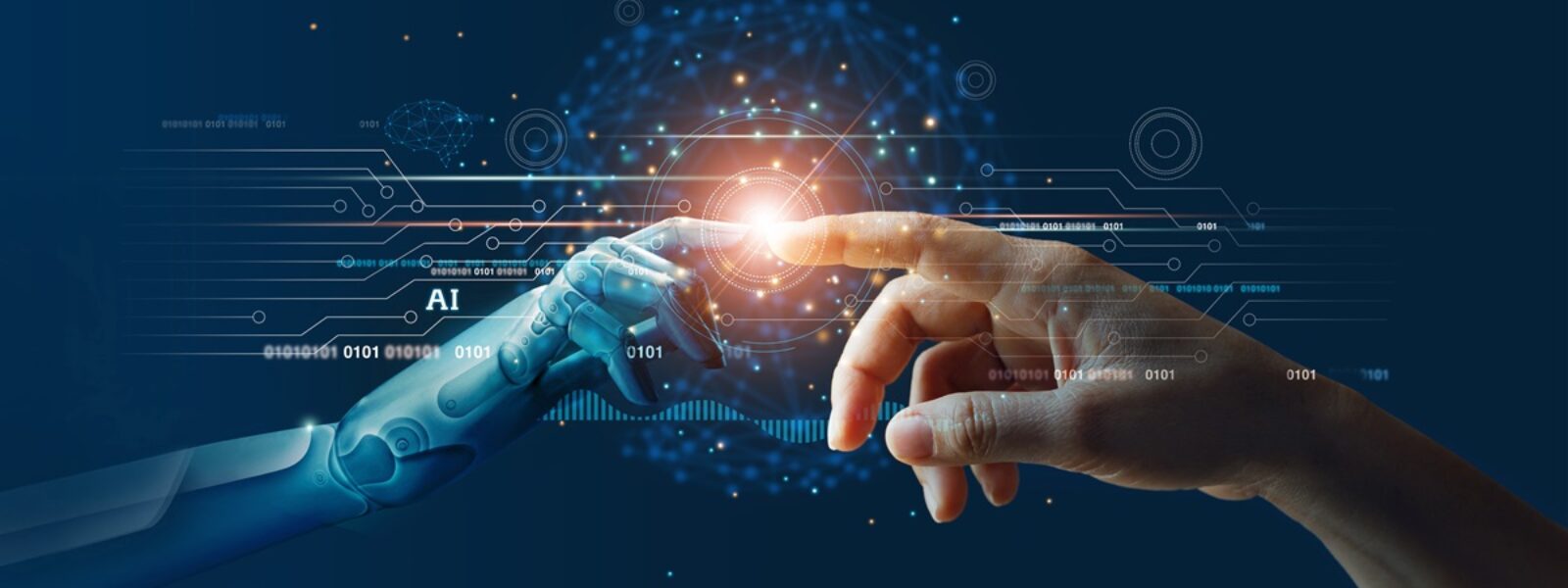 AdobeStock_323829966._AI, Machine learning, Hands of robot and human touching on big d