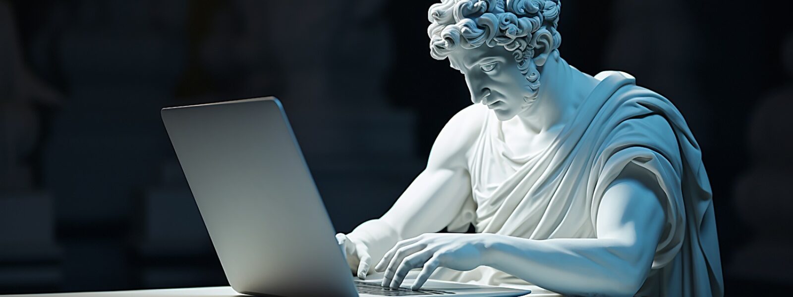 AdobeStock_675645725_Ancient sculpture working with laptop