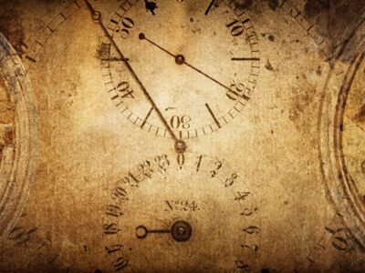 AdobeStock_281177743_The dials of the old antique classic clocks on a vintage paper b
