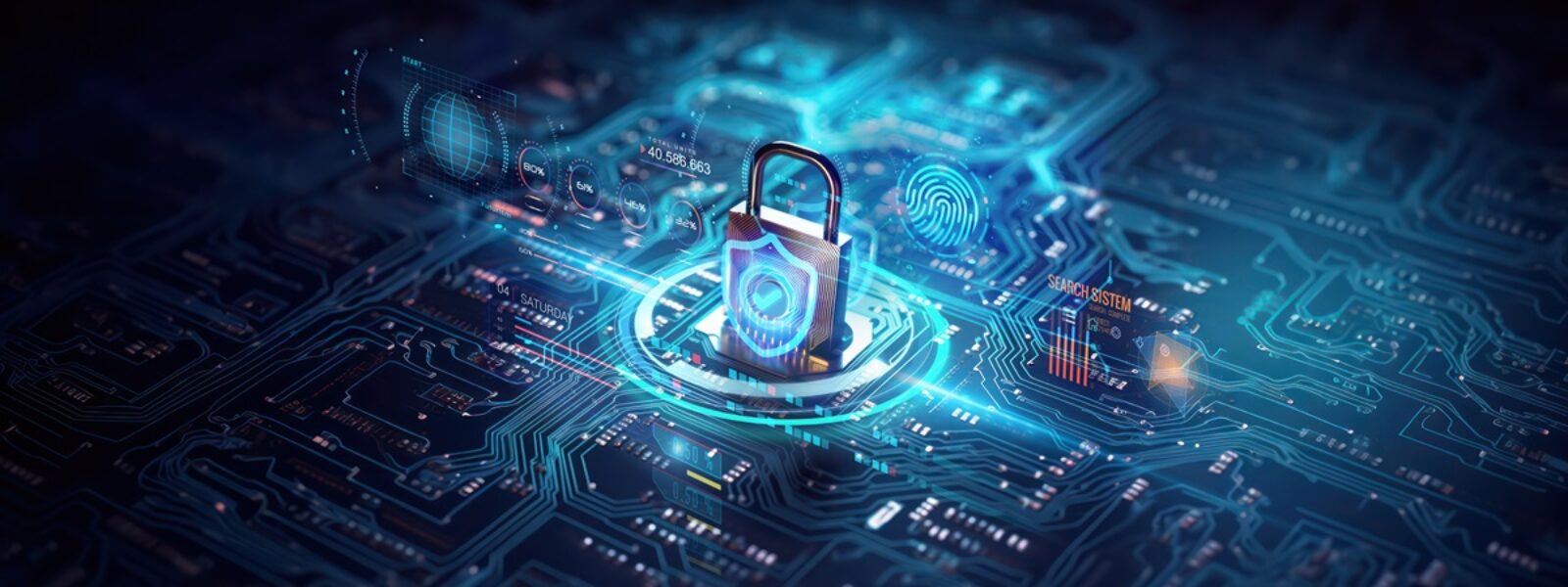 AdobeStock_622335155_secure connection or cybersecurity service concept of compute motherboard closeup and safety lock with login and connecting verified credentials as wide banner design - Generative AI