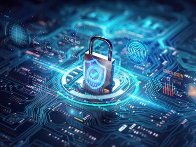 AdobeStock_622335155_secure connection or cybersecurity service concept of compute motherboard closeup and safety lock with login and connecting verified credentials as wide banner design - Generative AI