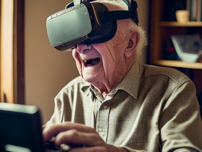 Elderly man wearing virtual reality headset have fun with technology, portrait at home. Generative AI model
